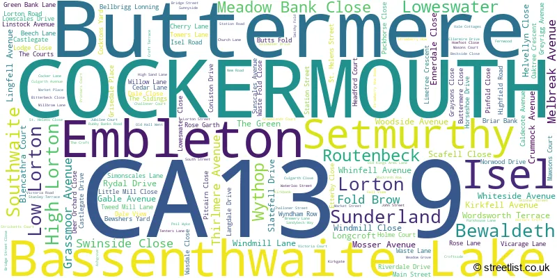 A word cloud for the CA13 9 postcode